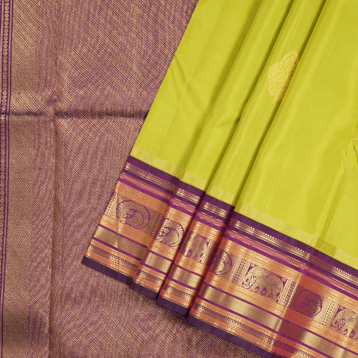 Hayagrivas Lemon Green Handloom Kanjivaram Silk Saree with Dark Purple Border KBD1615A1-1