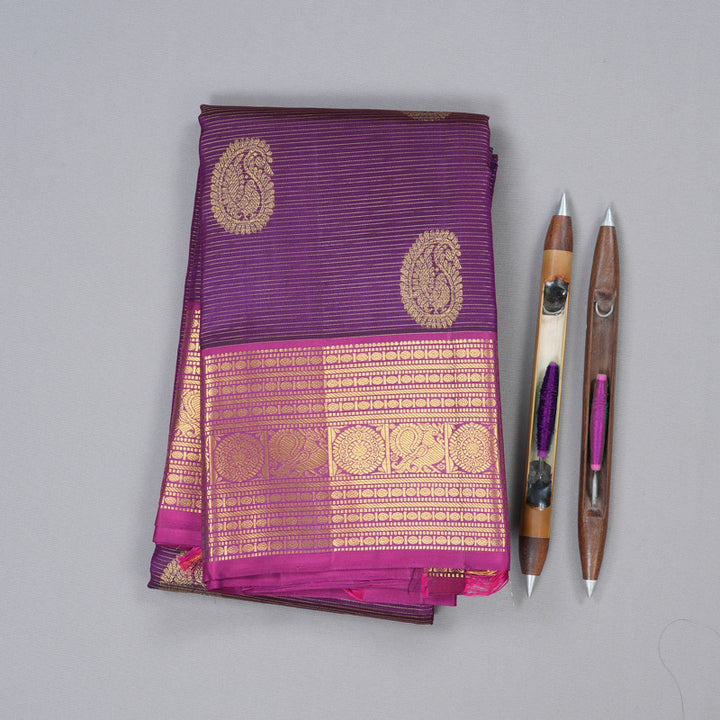 Hayagrivas Dark Purple Handloom Kanjivaram Silk Saree with Violet Border with KBD1622A10-2