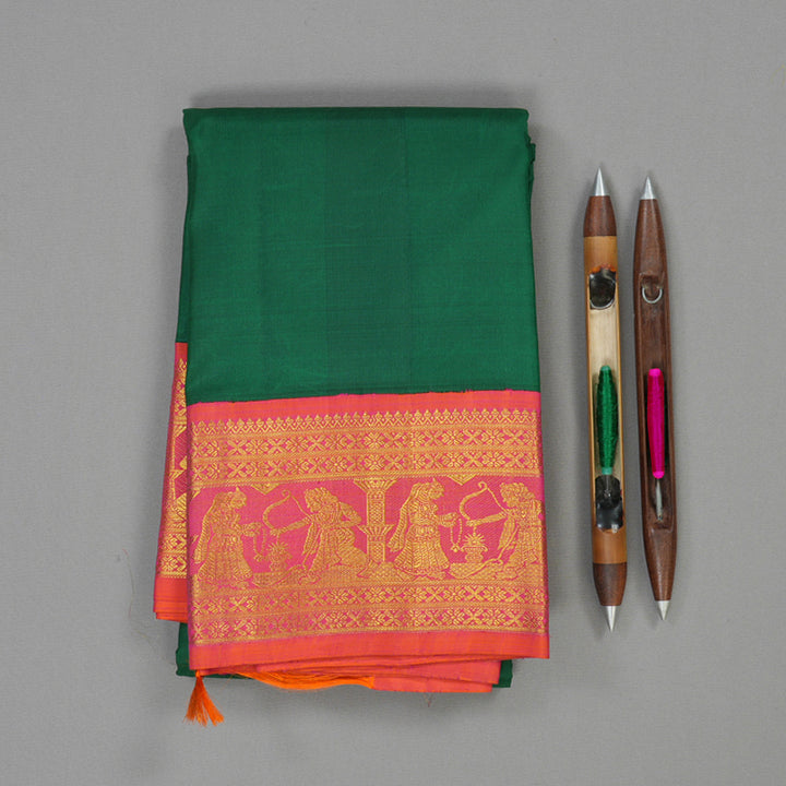 Hayagrivas Handloom Bottle Green Kanjivaram Silk Saree with Orangish Pink Border KBD1624A12-1