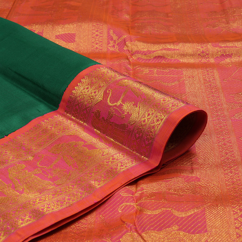 Hayagrivas Handloom Bottle Green Kanjivaram Silk Saree with Orangish Pink Border KBD1624A12-1