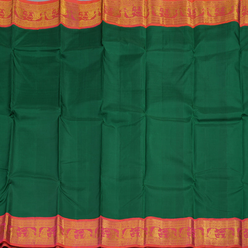 Hayagrivas Handloom Bottle Green Kanjivaram Silk Saree with Orangish Pink Border KBD1624A12-1