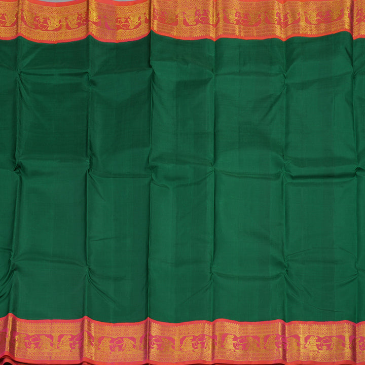 Hayagrivas Handloom Bottle Green Kanjivaram Silk Saree with Orangish Pink Border KBD1624A12-1