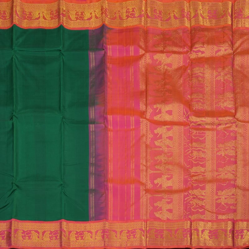 Hayagrivas Handloom Bottle Green Kanjivaram Silk Saree with Orangish Pink Border KBD1624A12-1