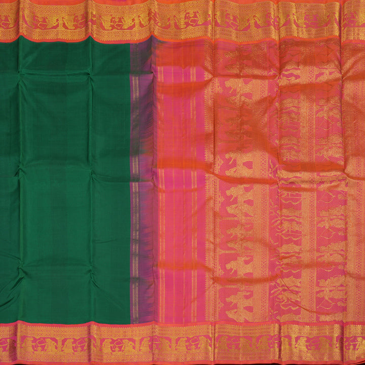 Hayagrivas Handloom Bottle Green Kanjivaram Silk Saree with Orangish Pink Border KBD1624A12-1