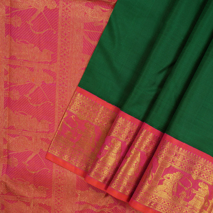 Hayagrivas Handloom Bottle Green Kanjivaram Silk Saree with Orangish Pink Border KBD1624A12-1