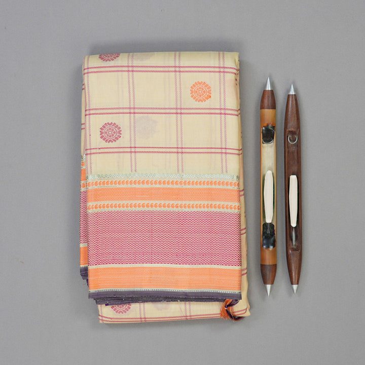 Hayagrivas Handloom Cream Kanjivaram Silk Saree with Pink & Orange Border KBD1637A5-1