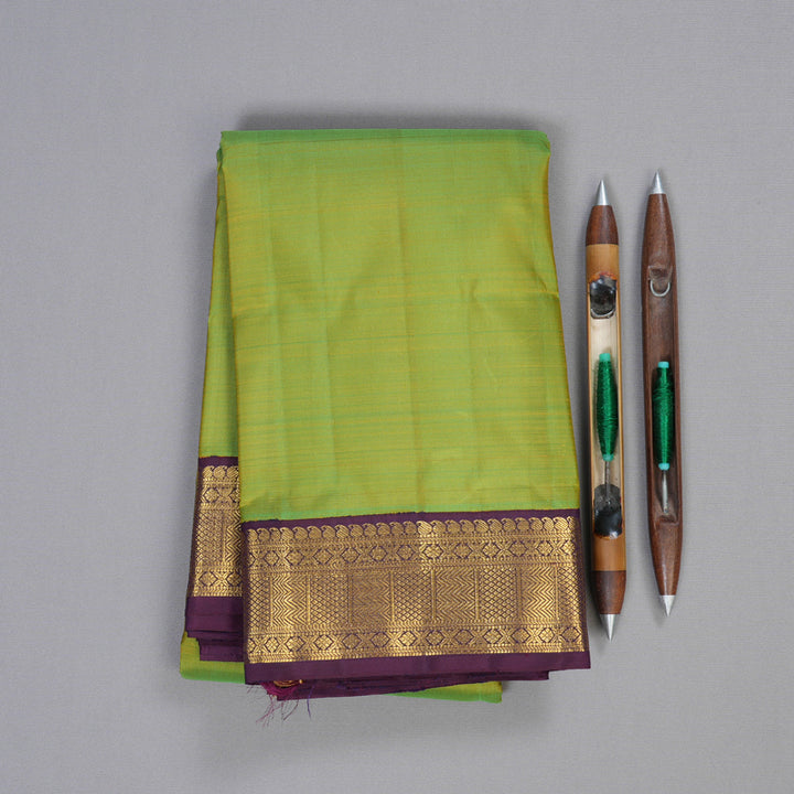 Hayagrivas Fluorescent Green Handloom Kanjivaram Silk Saree with Dark Purple Border KBD1638A6-1