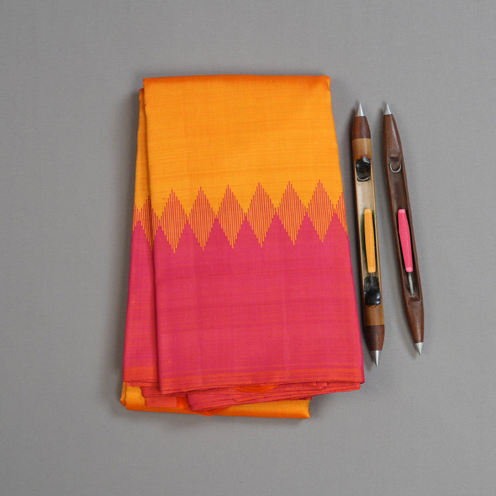 Hayagrivas Traditional Mango Yellow Handloom Kanjivaram Silk Saree with Orangish Pink Border KBD1642A1-2