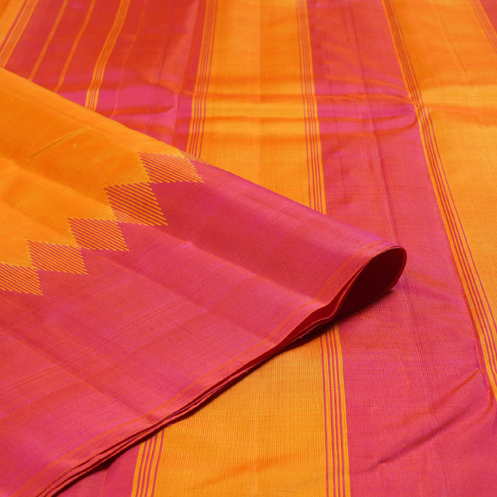Hayagrivas Traditional Mango Yellow Handloom Kanjivaram Silk Saree with Orangish Pink Border KBD1642A1-2