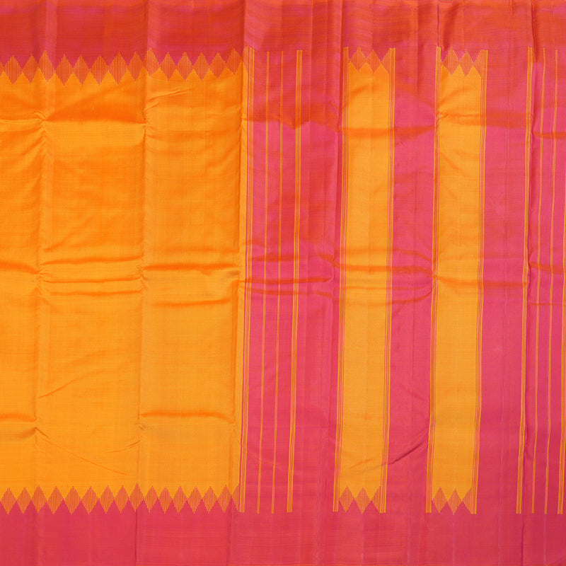 Hayagrivas Traditional Mango Yellow Handloom Kanjivaram Silk Saree with Orangish Pink Border KBD1642A1-2