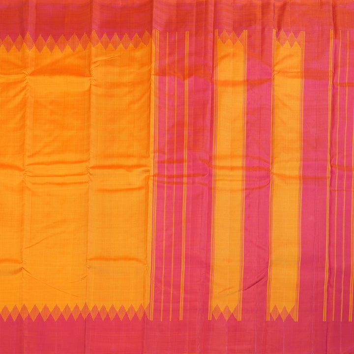 Hayagrivas Traditional Mango Yellow Handloom Kanjivaram Silk Saree with Orangish Pink Border KBD1642A1-2