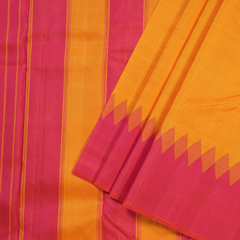 Hayagrivas Traditional Mango Yellow Handloom Kanjivaram Silk Saree with Orangish Pink Border KBD1642A1-2