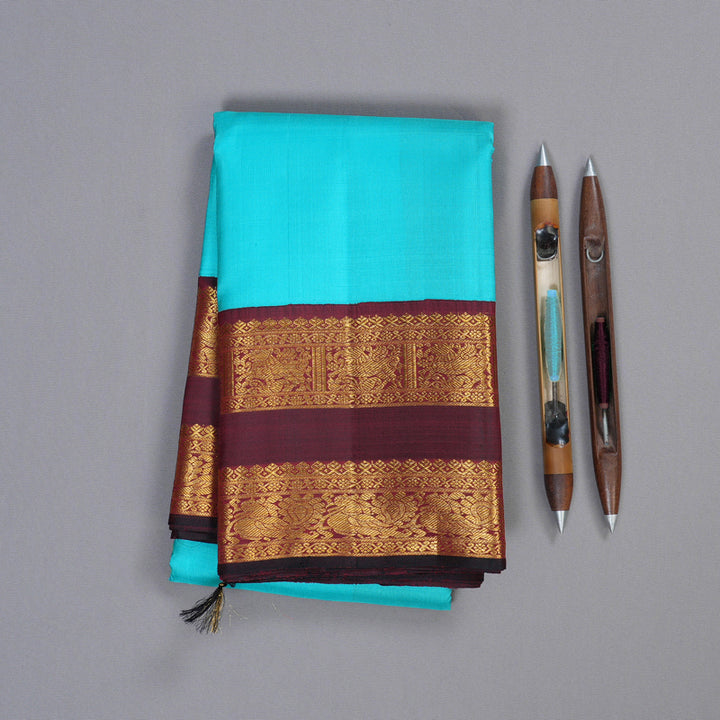 Hayagrivas Sky Blue Handloom Kanjivaram Silk Saree with Wine Maroon Border KBD1643A1-1