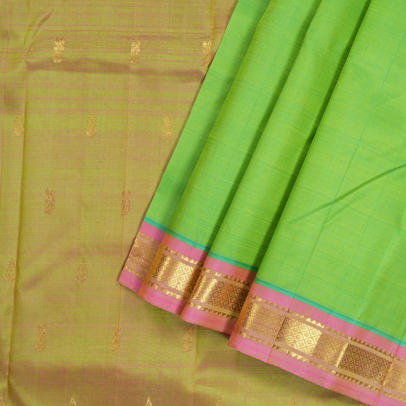 Hayagrivas Fluorescent Green Handloom Kanjivaram Silk Saree with Baby Pink Border with KBD1650A1-16