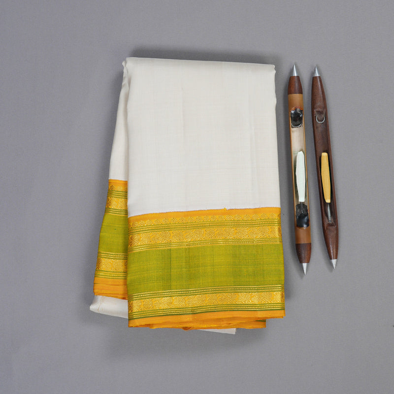 Hayagrivas Ivory White Handloom Kanjivaram Silk Saree with Green Border KBD1653A7-1