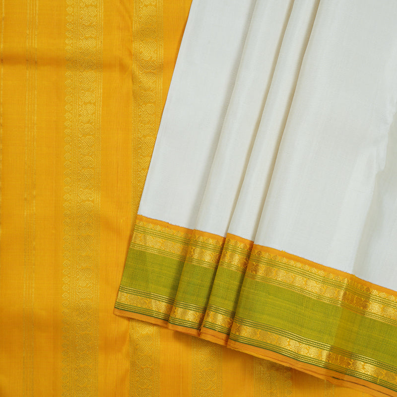 Hayagrivas Ivory White Handloom Kanjivaram Silk Saree with Green Border KBD1653A7-1
