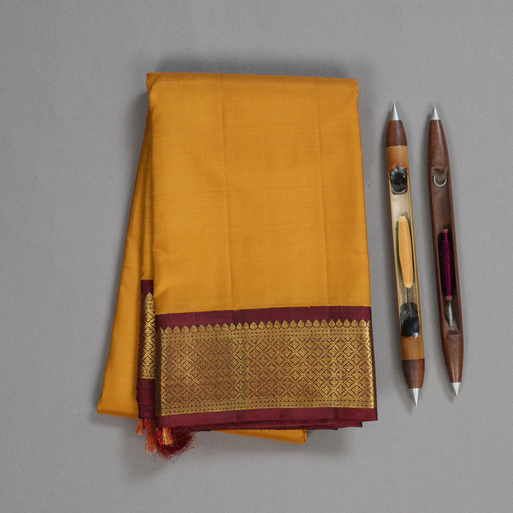 Hayagrivas Traditional Mustard Handloom Kanjivaram Silk Saree with Dark Maroon Border KBD1655A1-1