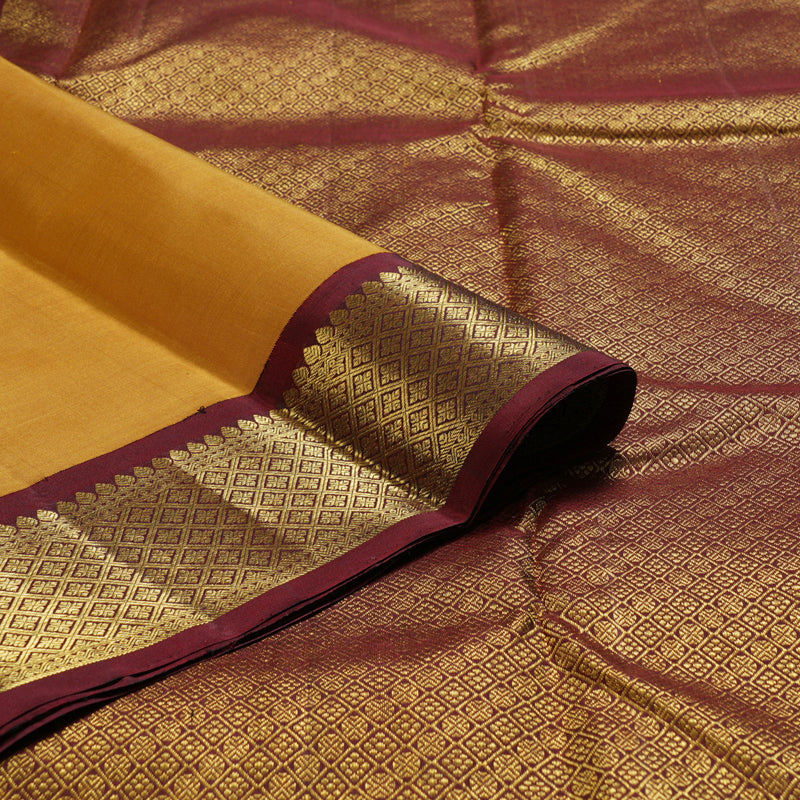 Hayagrivas Traditional Mustard Handloom Kanjivaram Silk Saree with Dark Maroon Border KBD1655A1-1