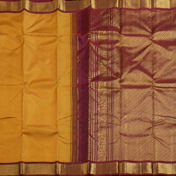Hayagrivas Traditional Mustard Handloom Kanjivaram Silk Saree with Dark Maroon Border KBD1655A1-1