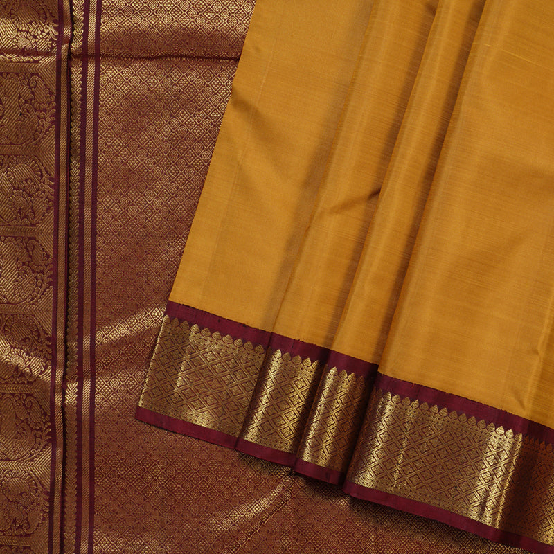 Hayagrivas Traditional Mustard Handloom Kanjivaram Silk Saree with Dark Maroon Border KBD1655A1-1