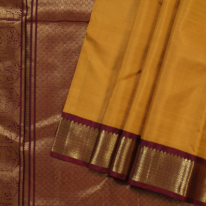 Hayagrivas Traditional Mustard Handloom Kanjivaram Silk Saree with Dark Maroon Border KBD1655A1-1