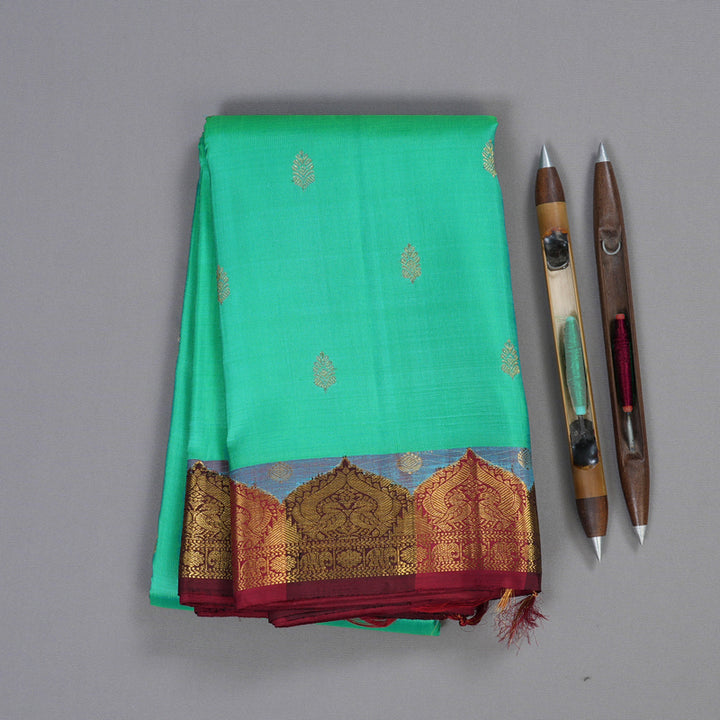 Hayagrivas Sea Blue Handloom Kanjivaram Silk Saree with Maroon Red Border KBD1655A3-1