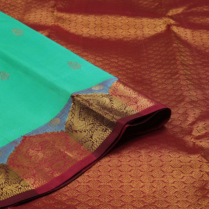 Hayagrivas Sea Blue Handloom Kanjivaram Silk Saree with Maroon Red Border KBD1655A3-1