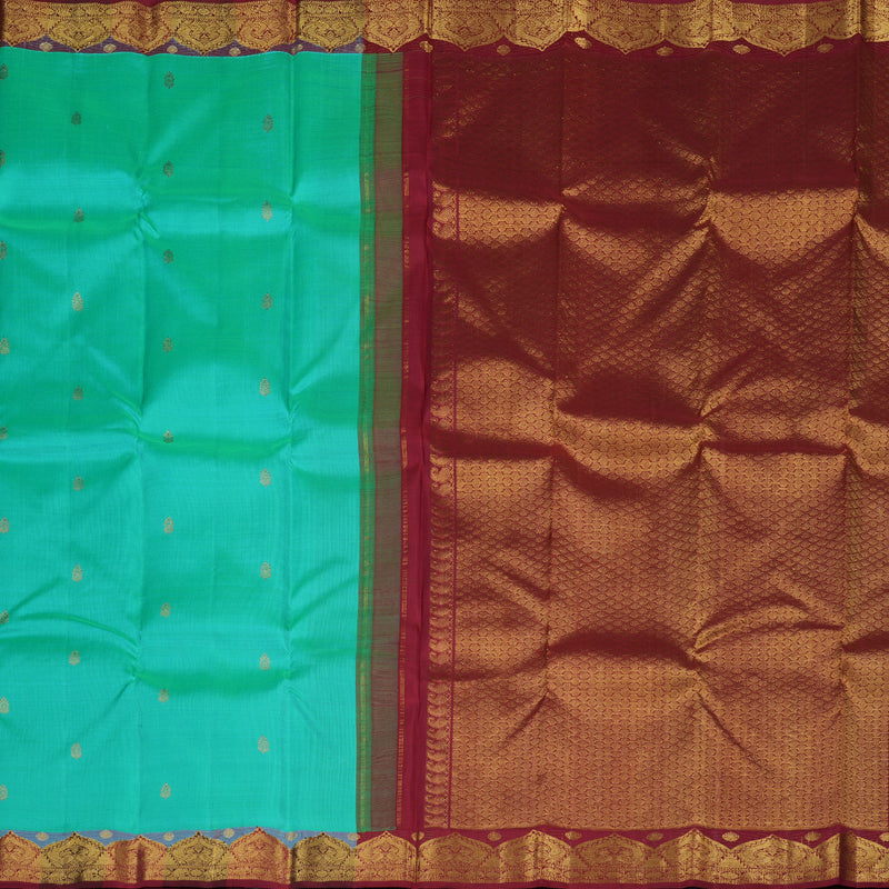 Hayagrivas Sea Blue Handloom Kanjivaram Silk Saree with Maroon Red Border KBD1655A3-1