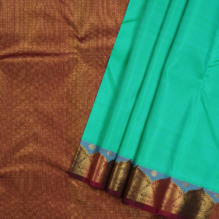 Hayagrivas Sea Blue Handloom Kanjivaram Silk Saree with Maroon Red Border KBD1655A3-1