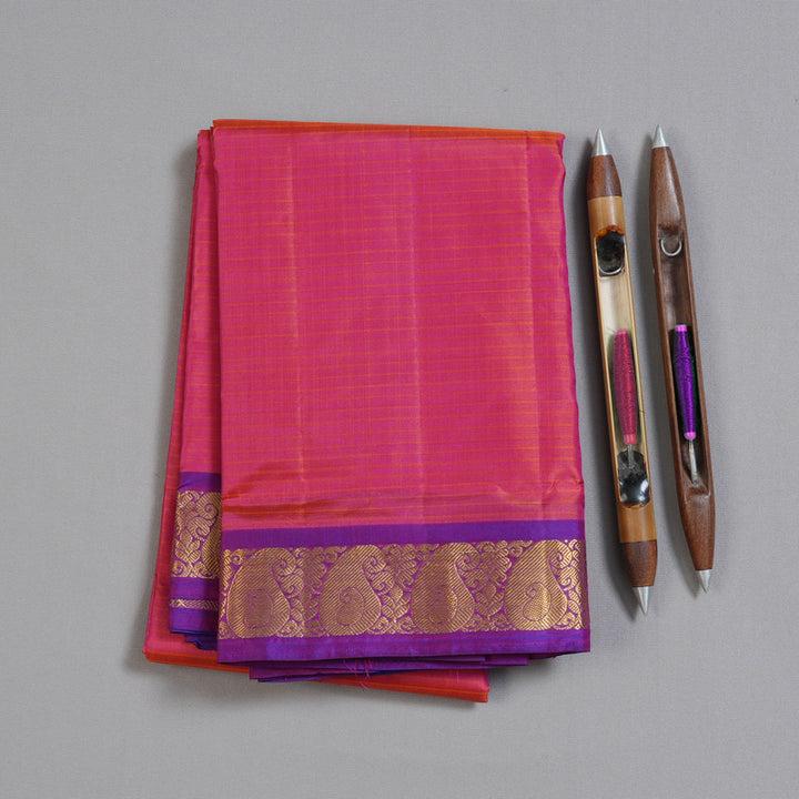Hayagrivas Orangish Pink Handloom Kanjivaram Silk Saree with Purple Border KBD1657A1-1