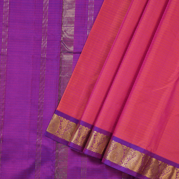 Hayagrivas Orangish Pink Handloom Kanjivaram Silk Saree with Purple Border KBD1657A1-1