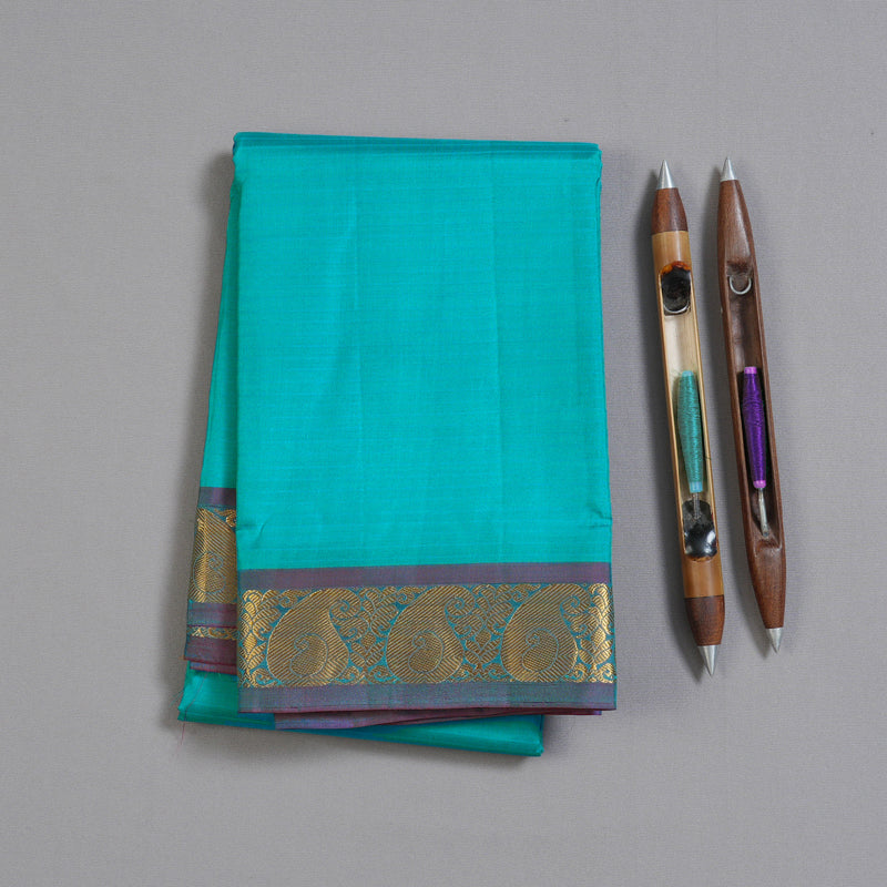 Hayagrivas Sea Blue Handloom Kanjivaram Silk Saree with Purple Border-KBD1657A1-20