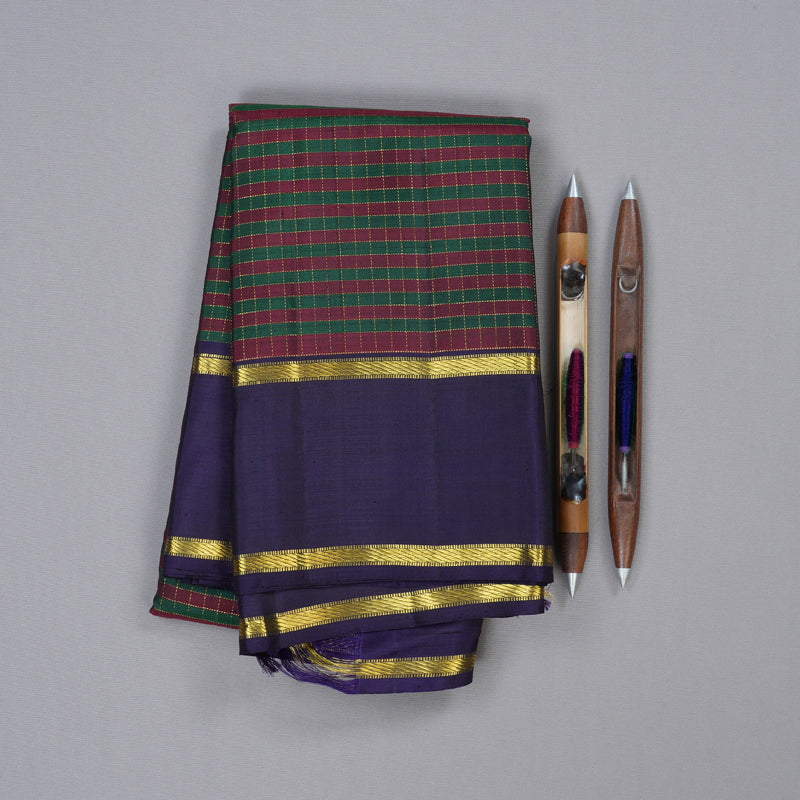 Hayagrivas Bottle Green With Maroon Checks Handloom Kanjivaram Silk Saree with Dark Blue Border KBD1658A1-1