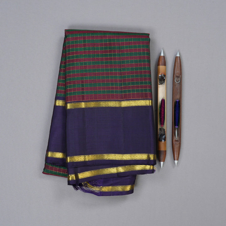 Hayagrivas Bottle Green With Maroon Checks Handloom Kanjivaram Silk Saree with Dark Blue Border KBD1658A1-1