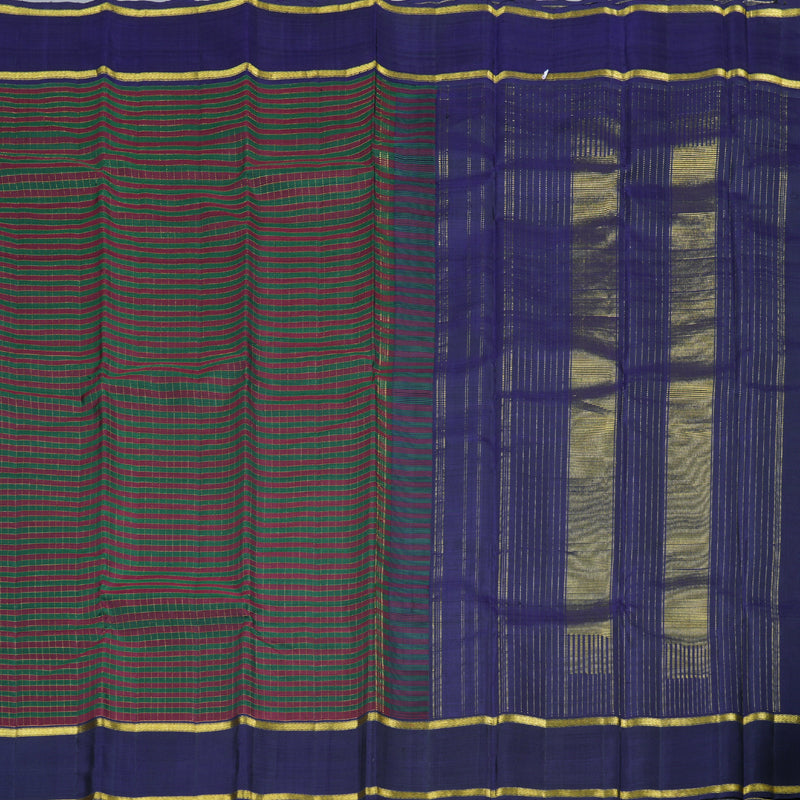 Hayagrivas Bottle Green With Maroon Checks Handloom Kanjivaram Silk Saree with Dark Blue Border KBD1658A1-1