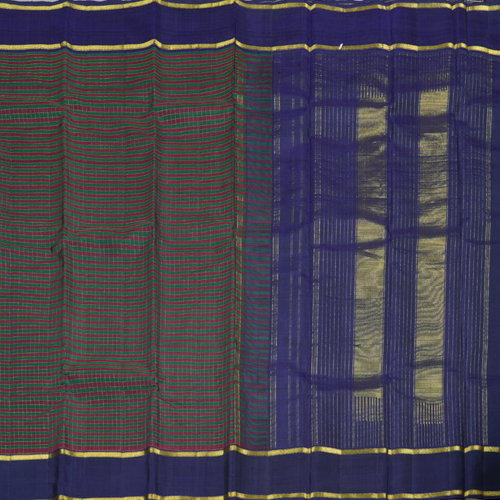 Hayagrivas Bottle Green With Maroon Checks Handloom Kanjivaram Silk Saree with Dark Blue Border KBD1658A1-1
