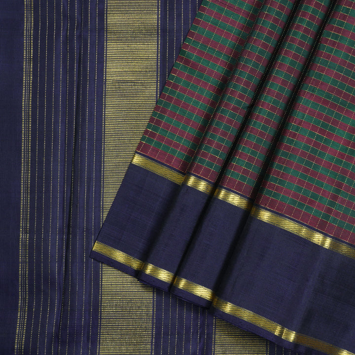 Hayagrivas Bottle Green With Maroon Checks Handloom Kanjivaram Silk Saree with Dark Blue Border KBD1658A1-1