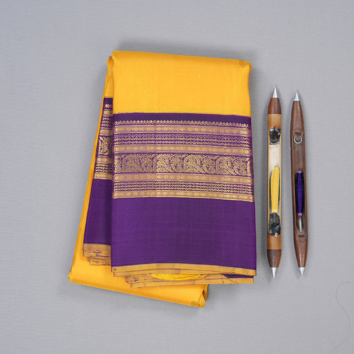 Hayagrivas Mustard Yellow Handloom Kanjivaram Silk Saree with Dark Purple Border with KBD1659A3-2
