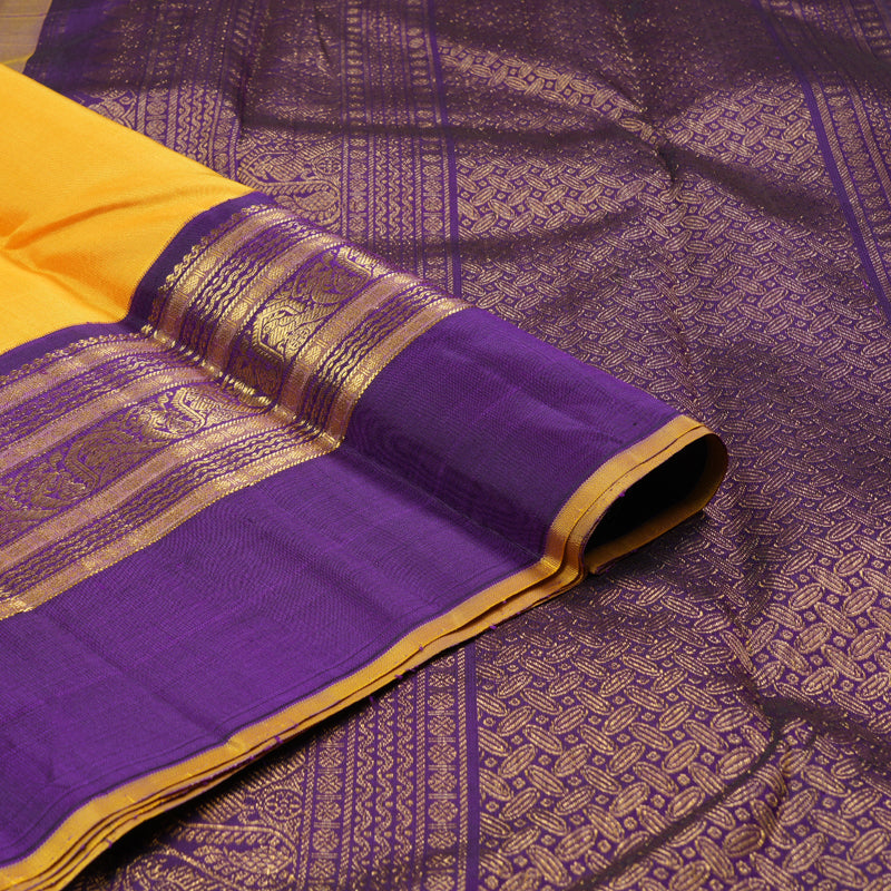 Hayagrivas Mustard Yellow Handloom Kanjivaram Silk Saree with Dark Purple Border with KBD1659A3-2