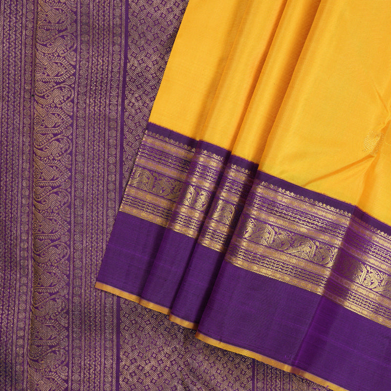 Hayagrivas Mustard Yellow Handloom Kanjivaram Silk Saree with Dark Purple Border with KBD1659A3-2