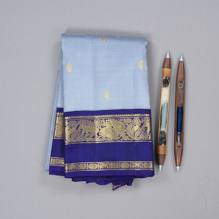 Hayagrivas Silver Grey Handloom Kanjivaram Silk Saree with Blue Border with KBD1659A4-1