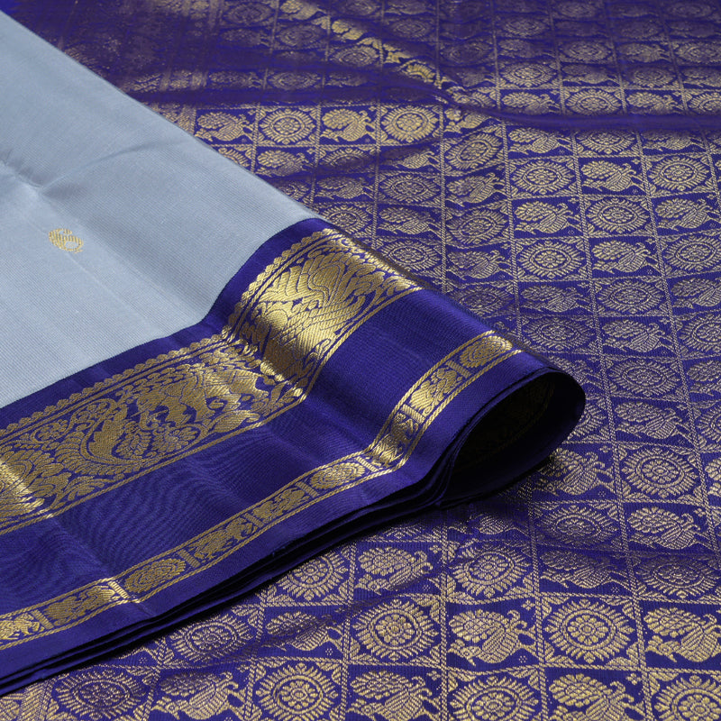 Hayagrivas Silver Grey Handloom Kanjivaram Silk Saree with Blue Border with KBD1659A4-1