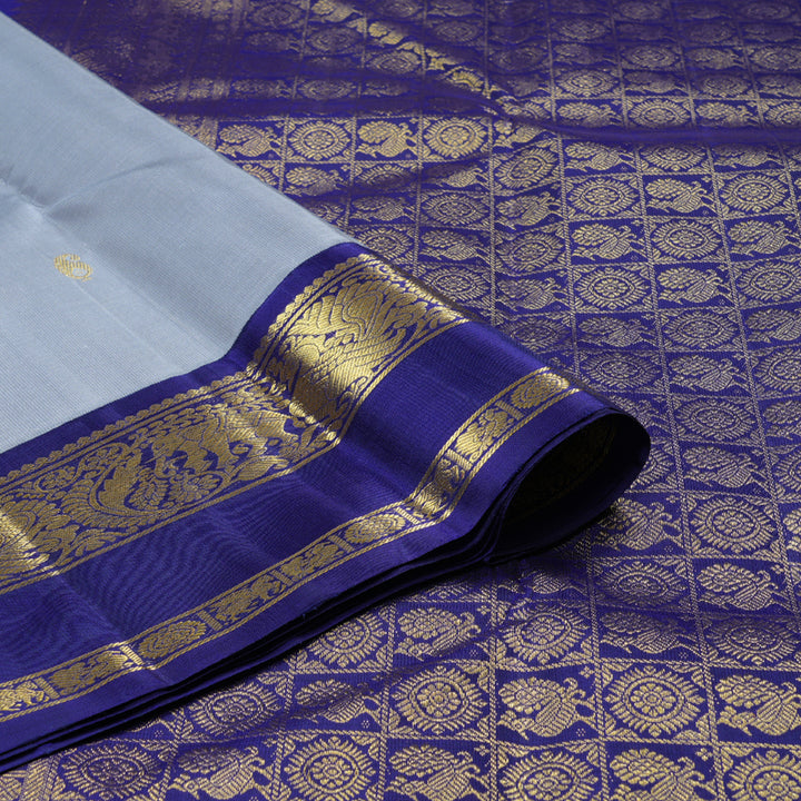 Hayagrivas Silver Grey Handloom Kanjivaram Silk Saree with Blue Border with KBD1659A4-1