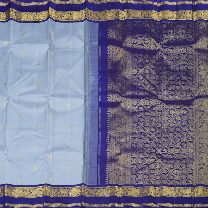 Hayagrivas Silver Grey Handloom Kanjivaram Silk Saree with Blue Border with KBD1659A4-1