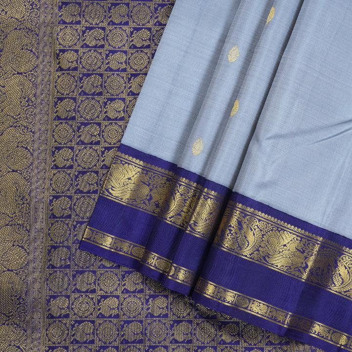 Hayagrivas Silver Grey Handloom Kanjivaram Silk Saree with Blue Border with KBD1659A4-1