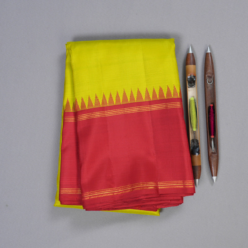 Hayagrivas Fluorescent Green Handloom Kanjivaram Silk Saree with Red Border KBD1660A2-1