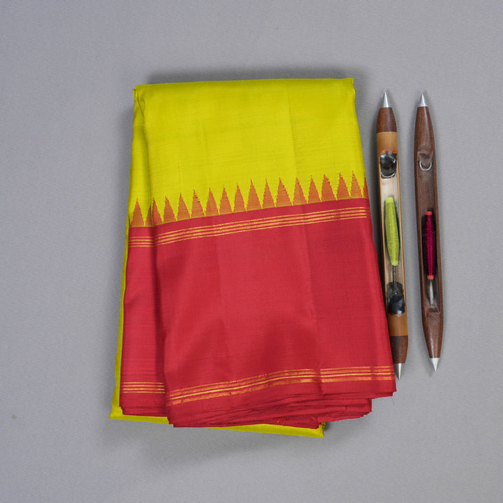 Hayagrivas Fluorescent Green Handloom Kanjivaram Silk Saree with Red Border KBD1660A2-1