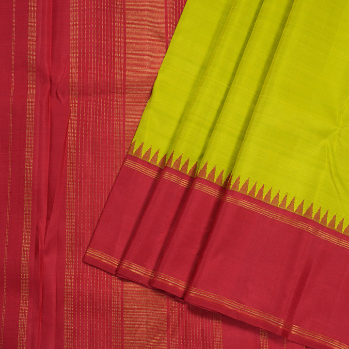 Hayagrivas Fluorescent Green Handloom Kanjivaram Silk Saree with Red Border KBD1660A2-1