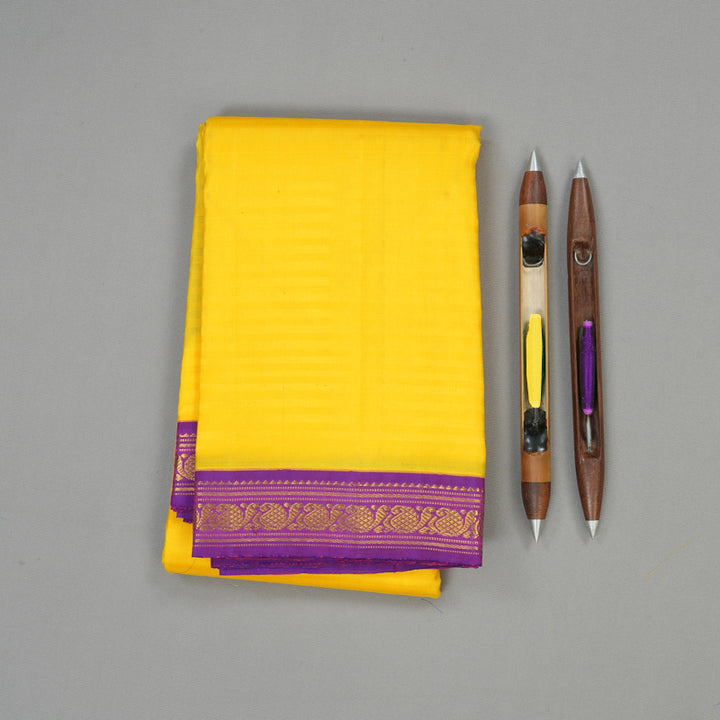 Hayagrivas Handloom Yellow Kanjivaram Silk Saree with Purple Border KBD1661A16-2