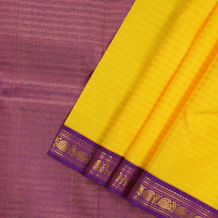 Hayagrivas Handloom Yellow Kanjivaram Silk Saree with Purple Border KBD1661A16-2